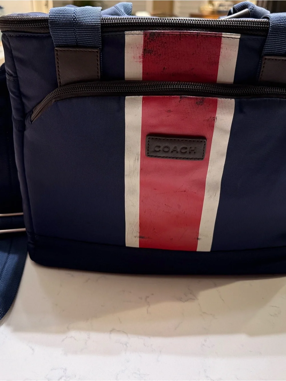 Coach Navy Toiletry Bag with Red and White Center Stripe Panel